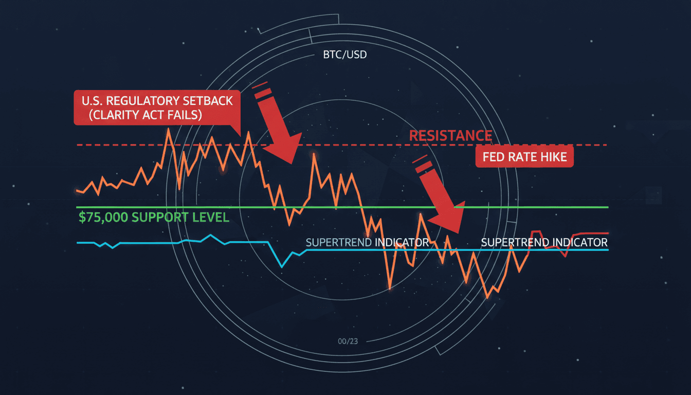 A chart showing Bitcoin's price testing the $75,000 support level, with indicators of market volatility and regulatory impacts.