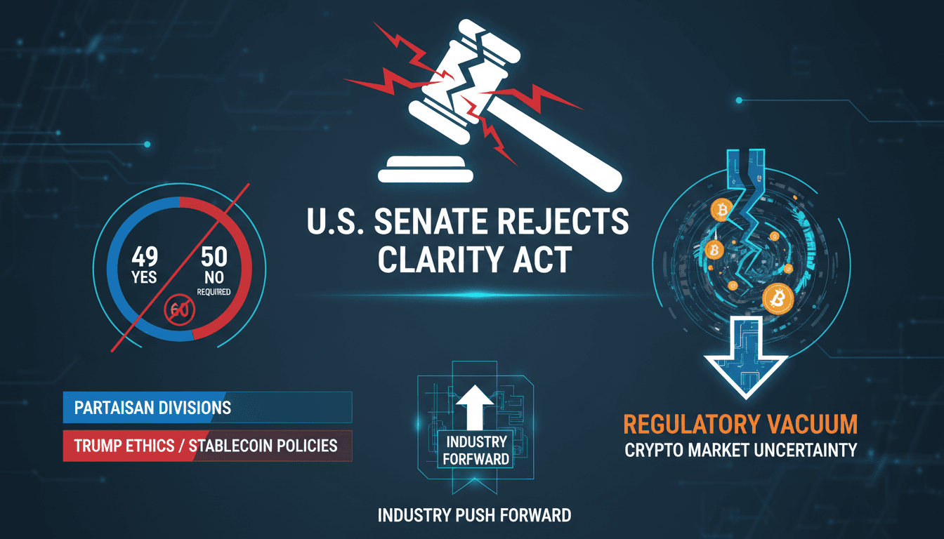 A visual representation of the U.S. Senate vote on the Clarity Act and its impact on cryptocurrency regulations.