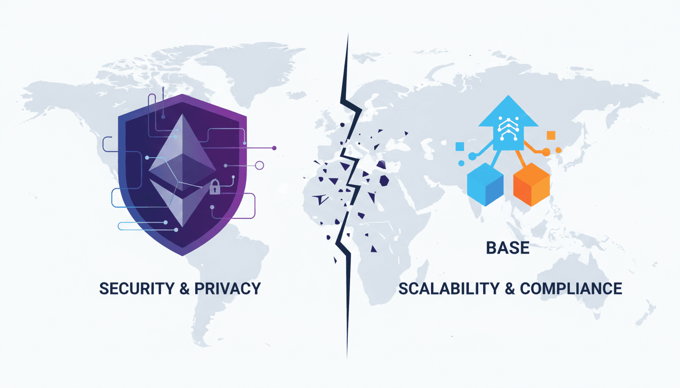 A graphic showing the split between Ethereum and Base on wallet standards, emphasizing their differing priorities.