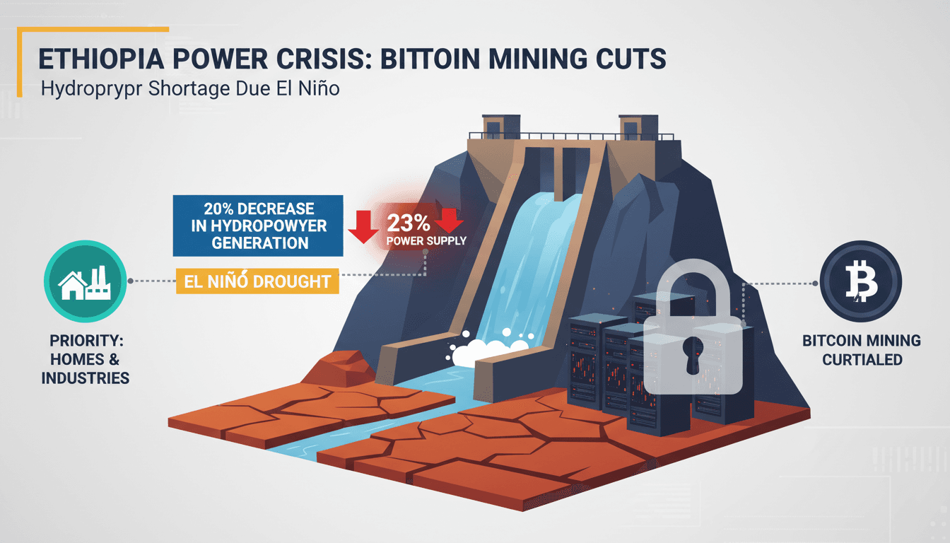 Infographic showing the impact of El Niño on Ethiopia's hydropower and Bitcoin mining operations.