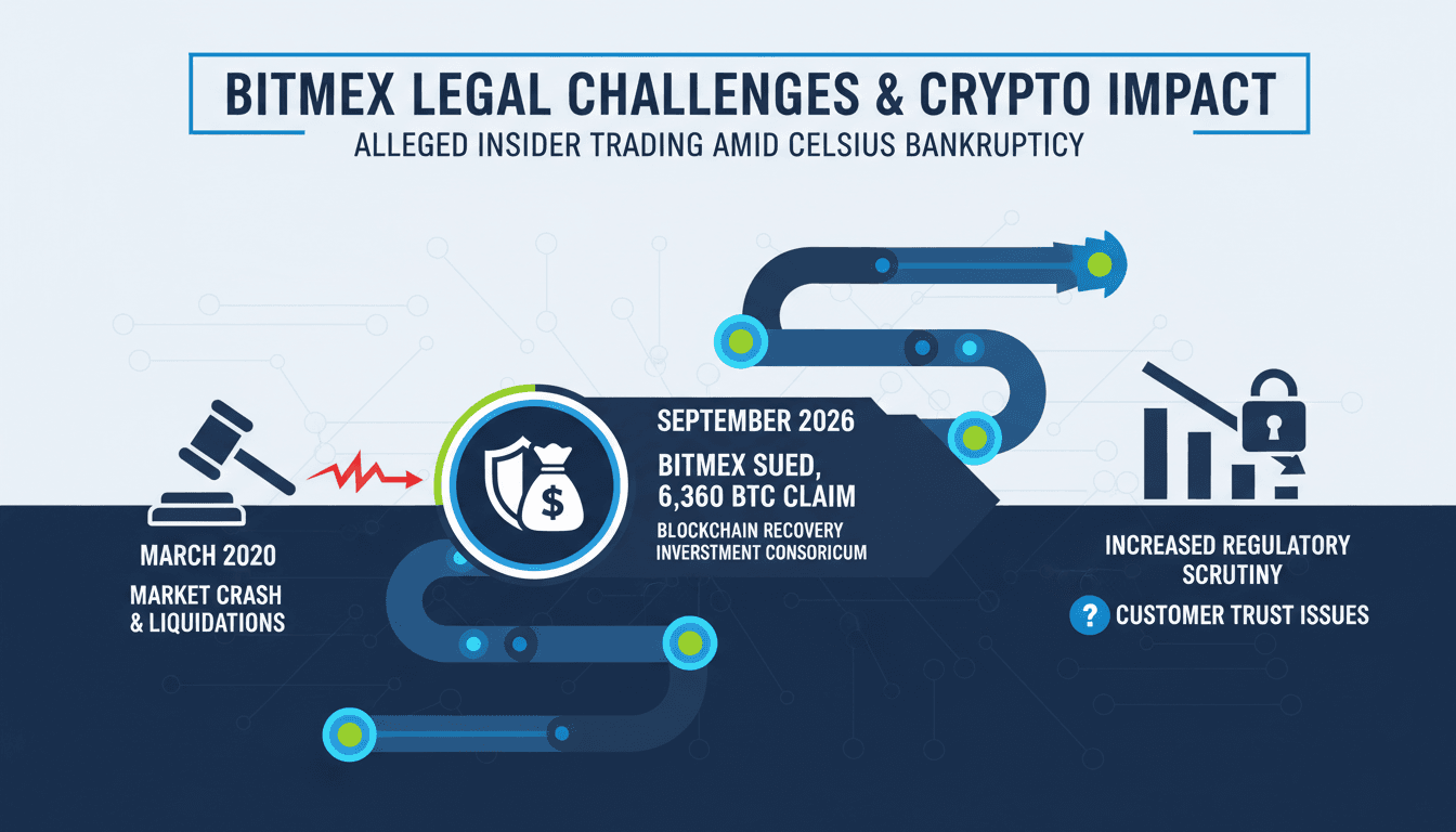 Infographic showing BitMEX's legal challenges and their impact on cryptocurrency trading.