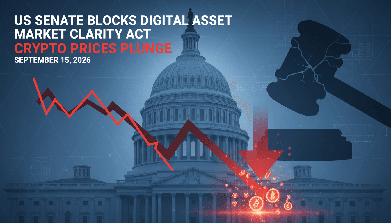 Infographic showing cryptocurrency price declines after the US Senate vote on the Digital Asset Market Clarity Act.