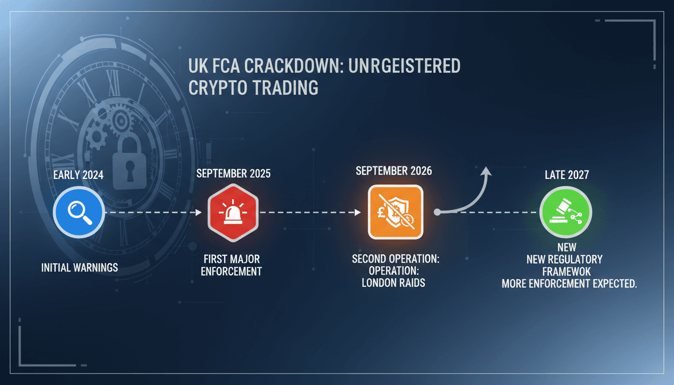 A graphic illustrating the UK FCA's crackdown on unregistered peer-to-peer crypto trading activities.