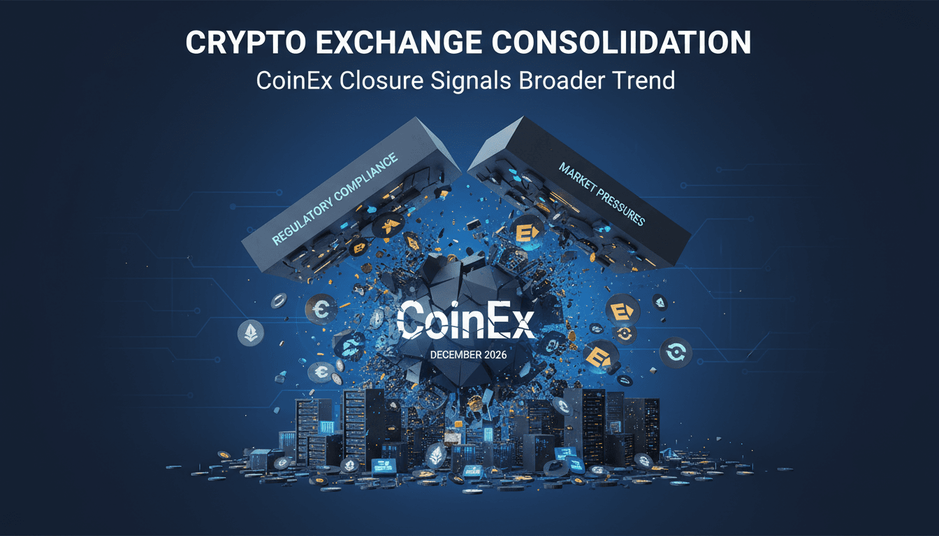 A graphic depicting the closure of CoinEx and its implications for the cryptocurrency market.