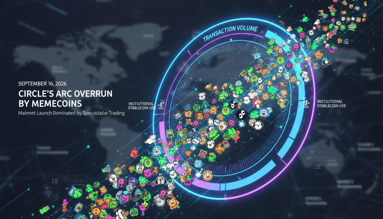 Infographic showing transaction volume and memecoin activity on Circle's Arc blockchain after launch.