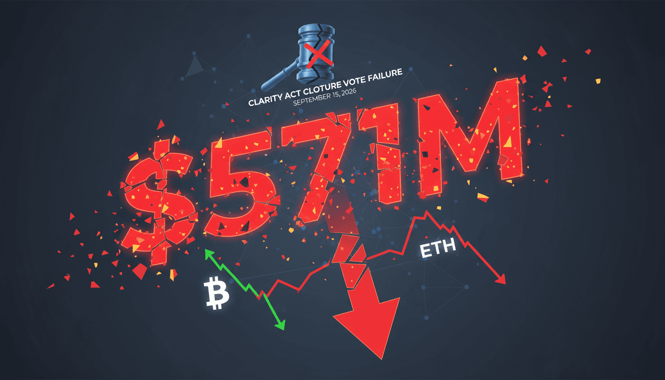 A visual representation of the $571 million in crypto liquidations following the Senate's failure to advance the CLARITY Act.