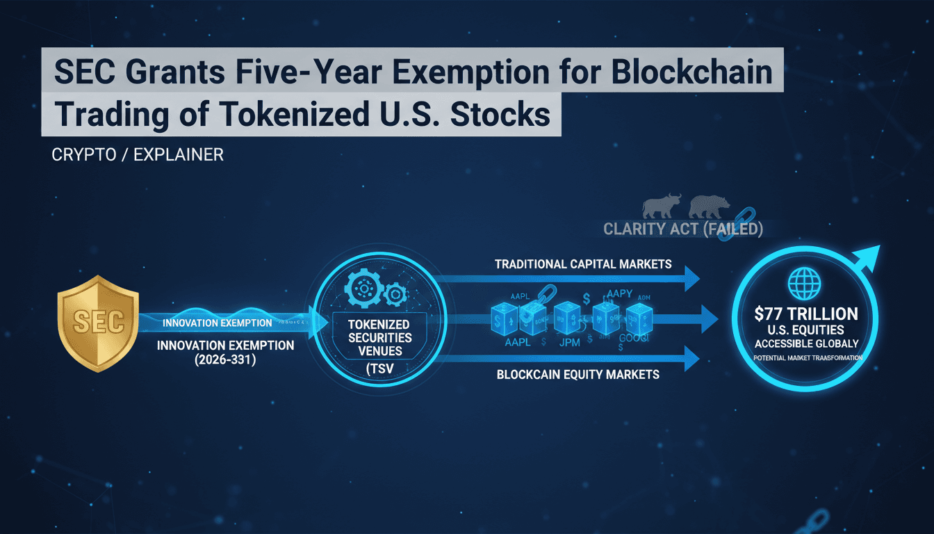 Infographic showing the SEC's Innovation Exemption for tokenized stocks and its impact on the U.S. equity market.