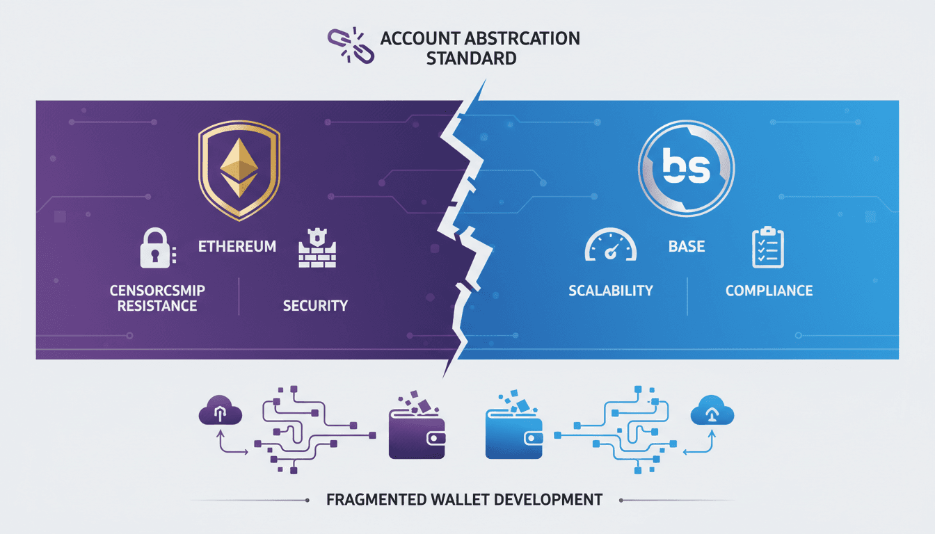 Infographic showing the split between Ethereum and Base on account abstraction standards, highlighting their priorities.