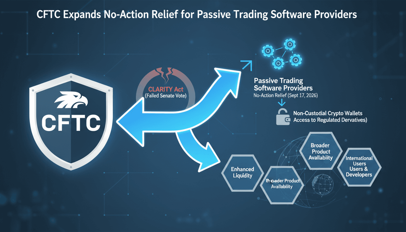 An infographic showing the impact of CFTC's no-action relief on passive trading software providers and the crypto market.