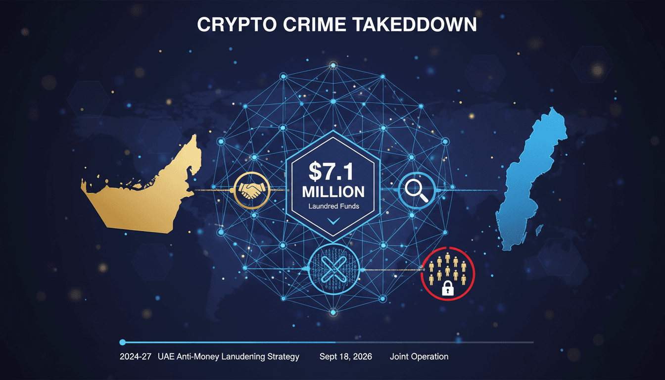 Infographic showing the $7.1 million laundered through cryptocurrency, highlighting international cooperation in law enforcement.