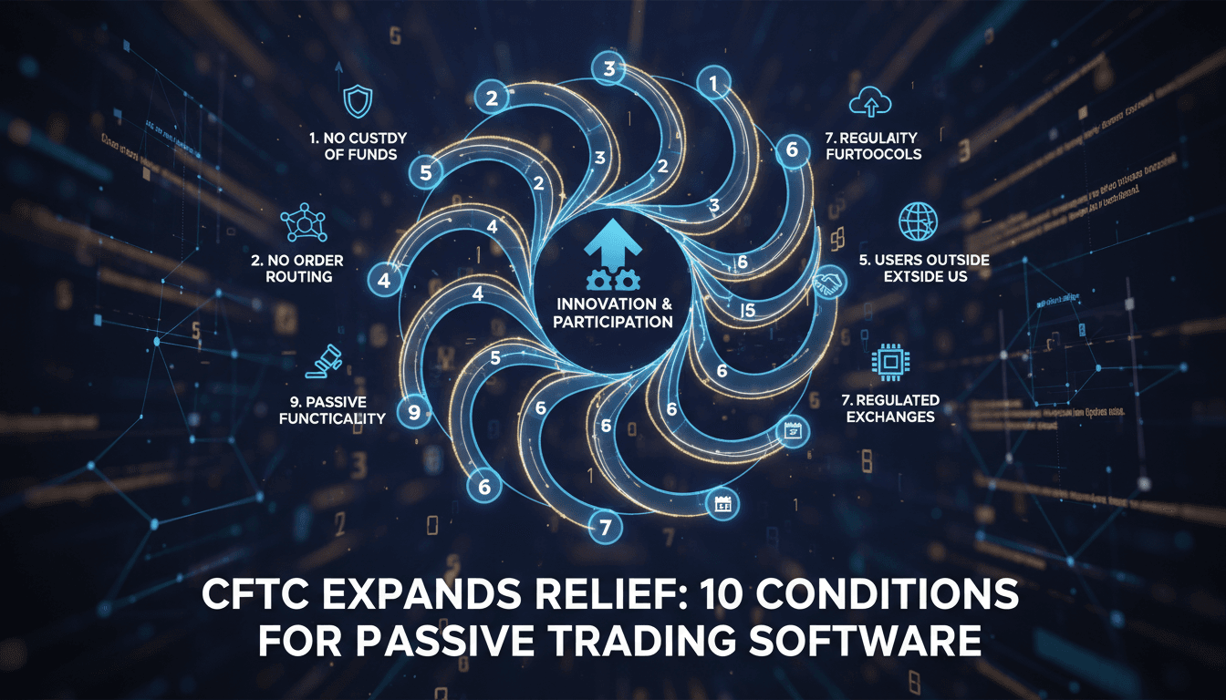 A visual representation of the CFTC's no-action relief for passive trading software providers, highlighting key conditions and impacts.