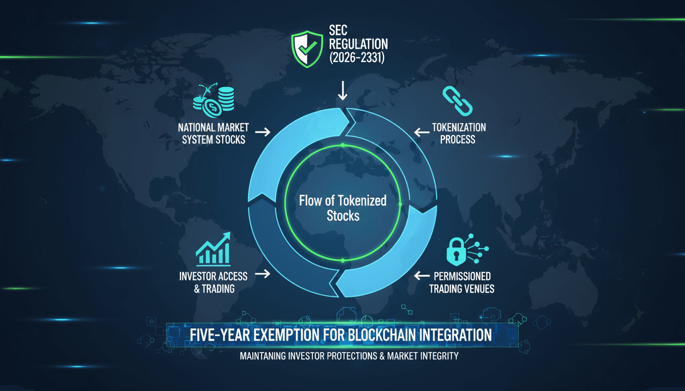 Infographic showing the SEC's five-year exemption for tokenized stock trading and its implications.
