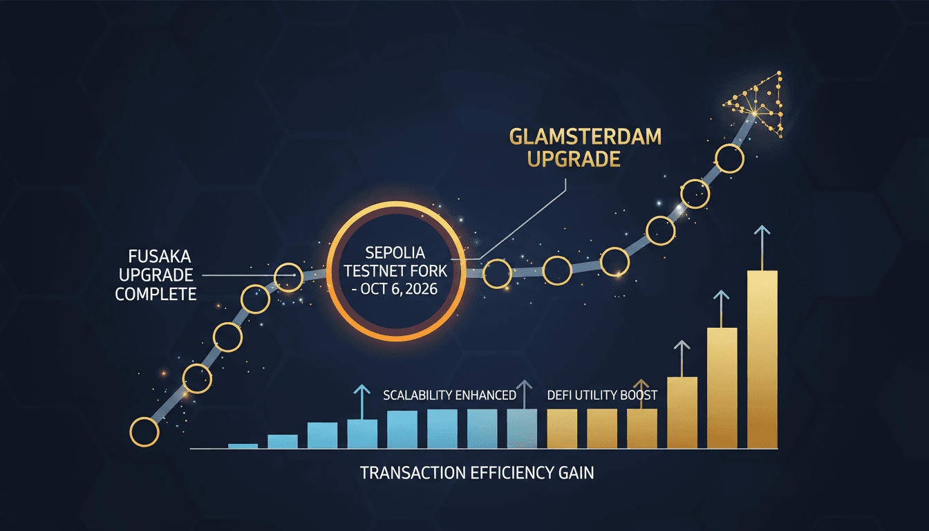Infographic showing the Ethereum Sepolia testnet fork timeline and expected impacts on transaction efficiency.