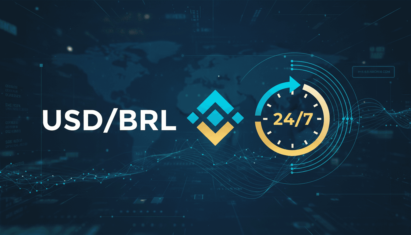 A graphic featuring the Binance logo and the USD/BRL currency pair with a 24/7 clock design.