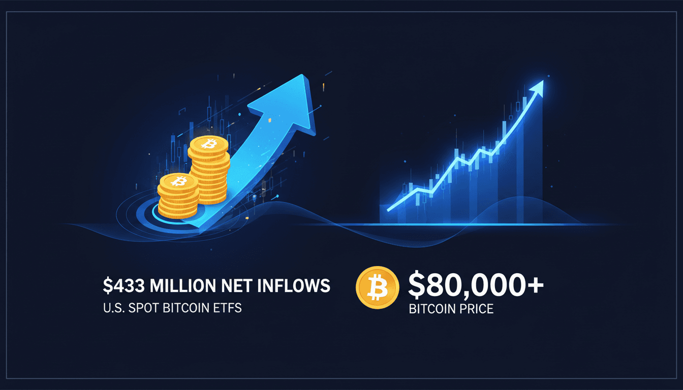 Infographic showing Fidelity's $433 million inflow into Bitcoin ETFs and Bitcoin's price above $80,000.