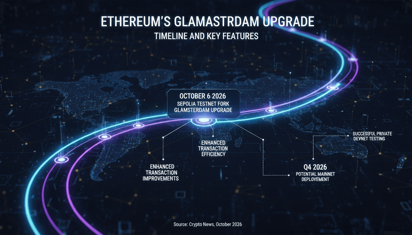 Infographic detailing the Ethereum Glamsterdam upgrade and its impact on transaction efficiency and scalability.