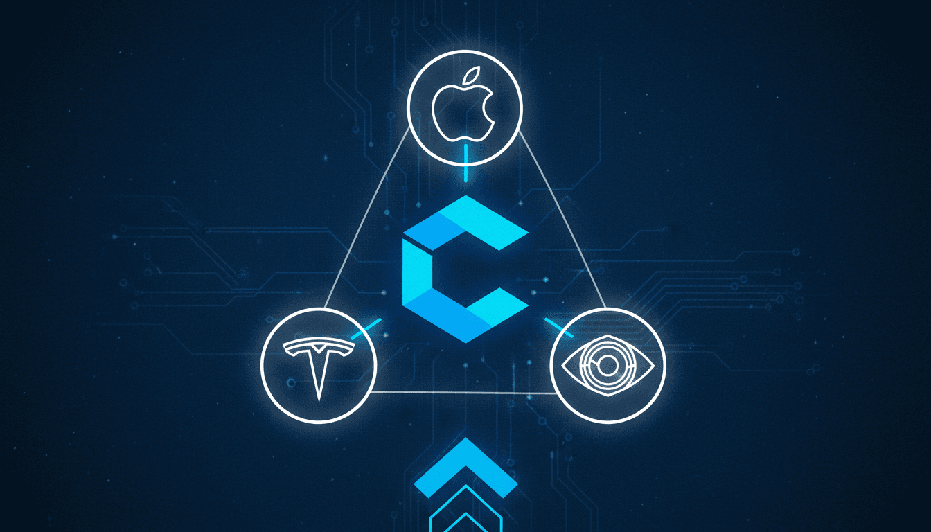 Graphic showing Coinbase logo with Apple, Tesla, and Nvidia icons, highlighting new trading opportunities.