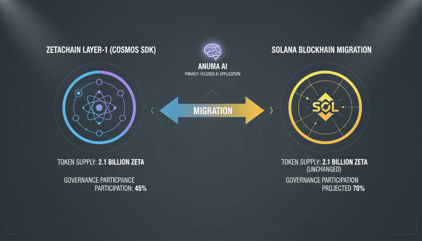 A visual representation of ZetaChain's migration to Solana, highlighting the ZETA token transition and governance approval.