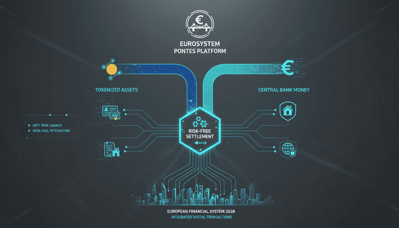 Infographic showing the connection between tokenized assets and central bank money through the Eurosystem's Pontes platform.