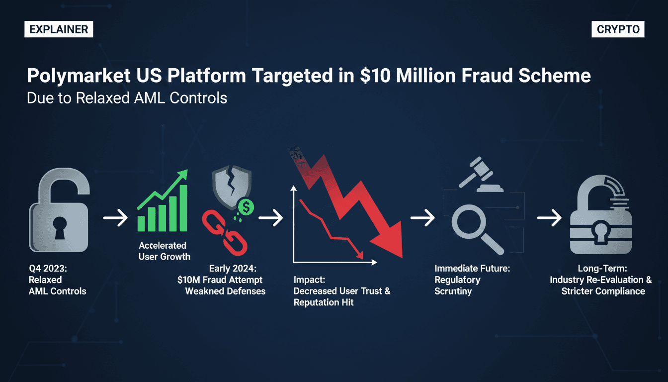 Infographic showing Polymarket's $10 million fraud scheme timeline and compliance impacts.