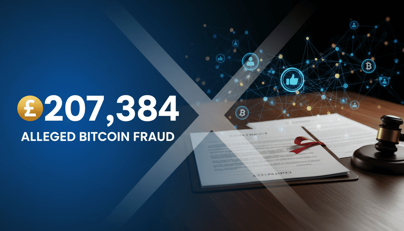 A graphic depicting the £207,384 figure with digital engagement metrics and legal documents.