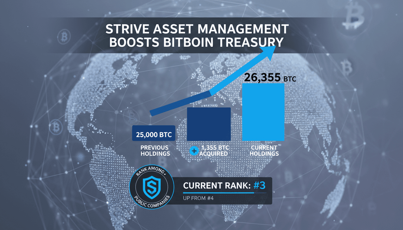 Infographic showing Strive Asset Management's Bitcoin treasury growth and ranking among public holders.