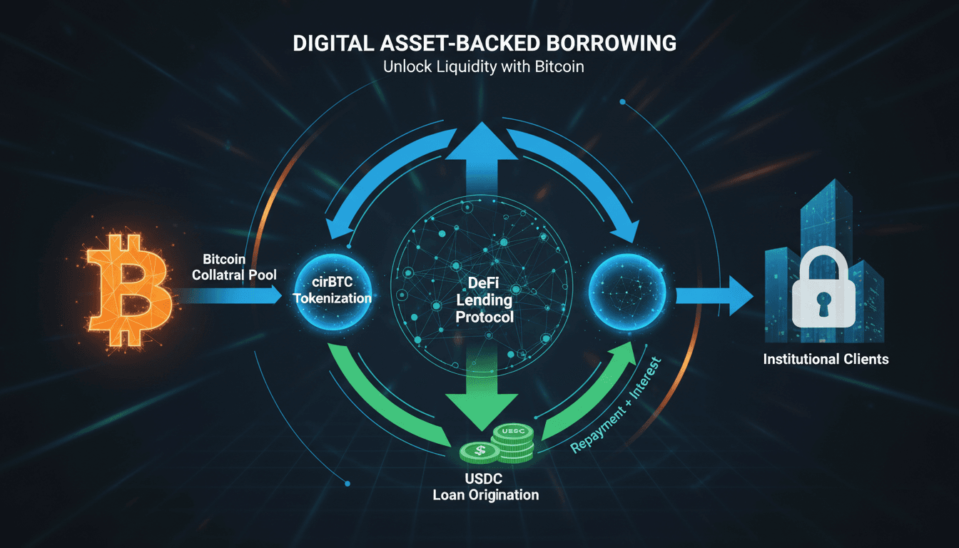 Infographic showing Circle's Digital Asset-Backed Borrowing process with Bitcoin and USDC.