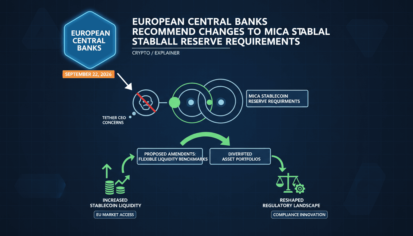 Infographic showing proposed changes to MiCA stablecoin reserve requirements and their impact on liquidity.