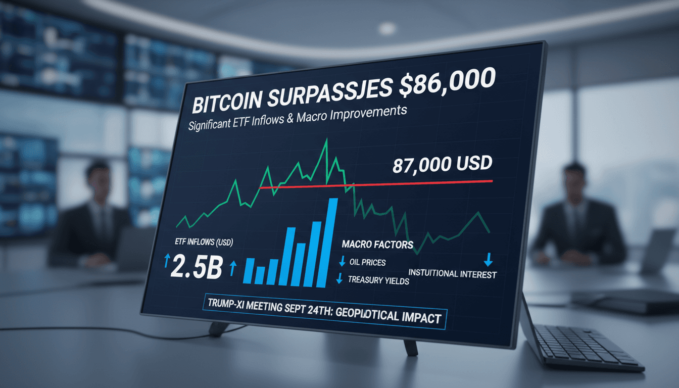 A visual representation of Bitcoin's price surge to $86,000, highlighting ETF inflows and market dynamics.