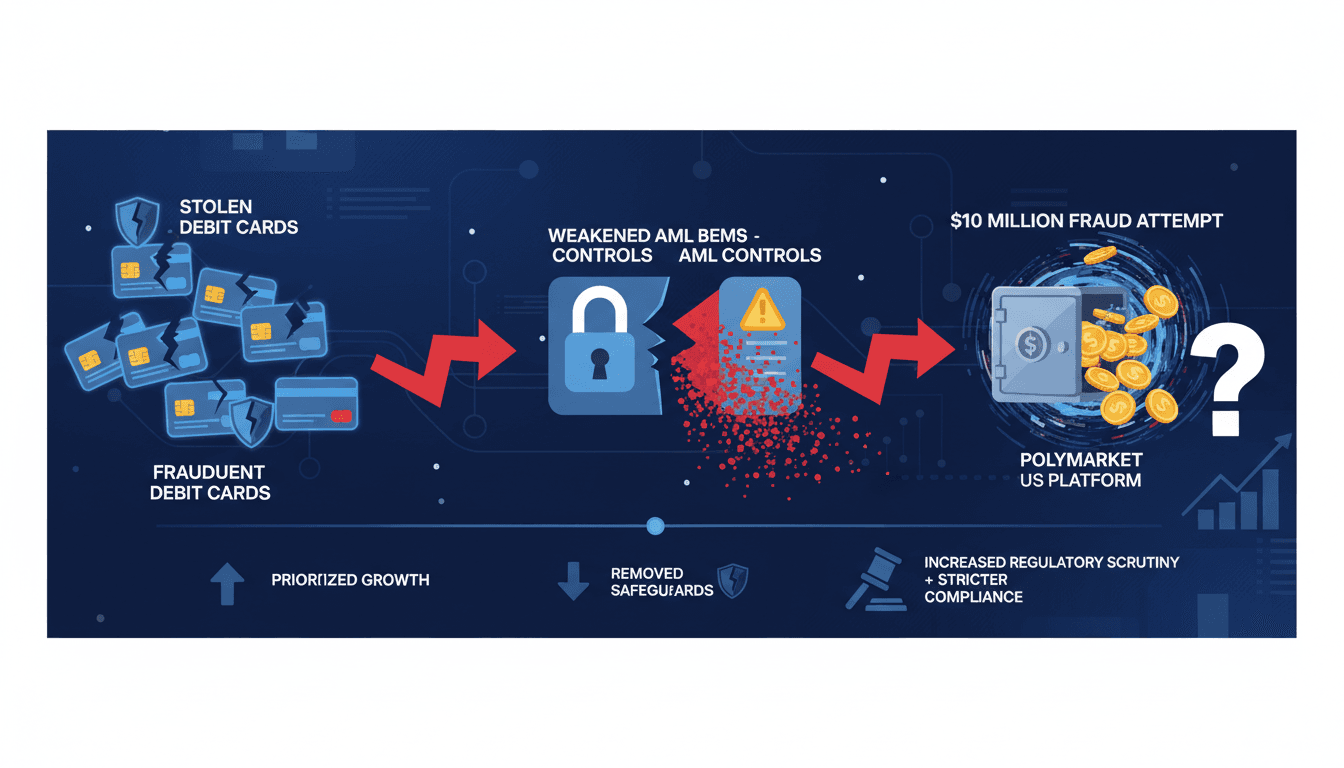 Infographic showing the flow of funds in Polymarket's $10 million fraud attempt, highlighting AML control failures.