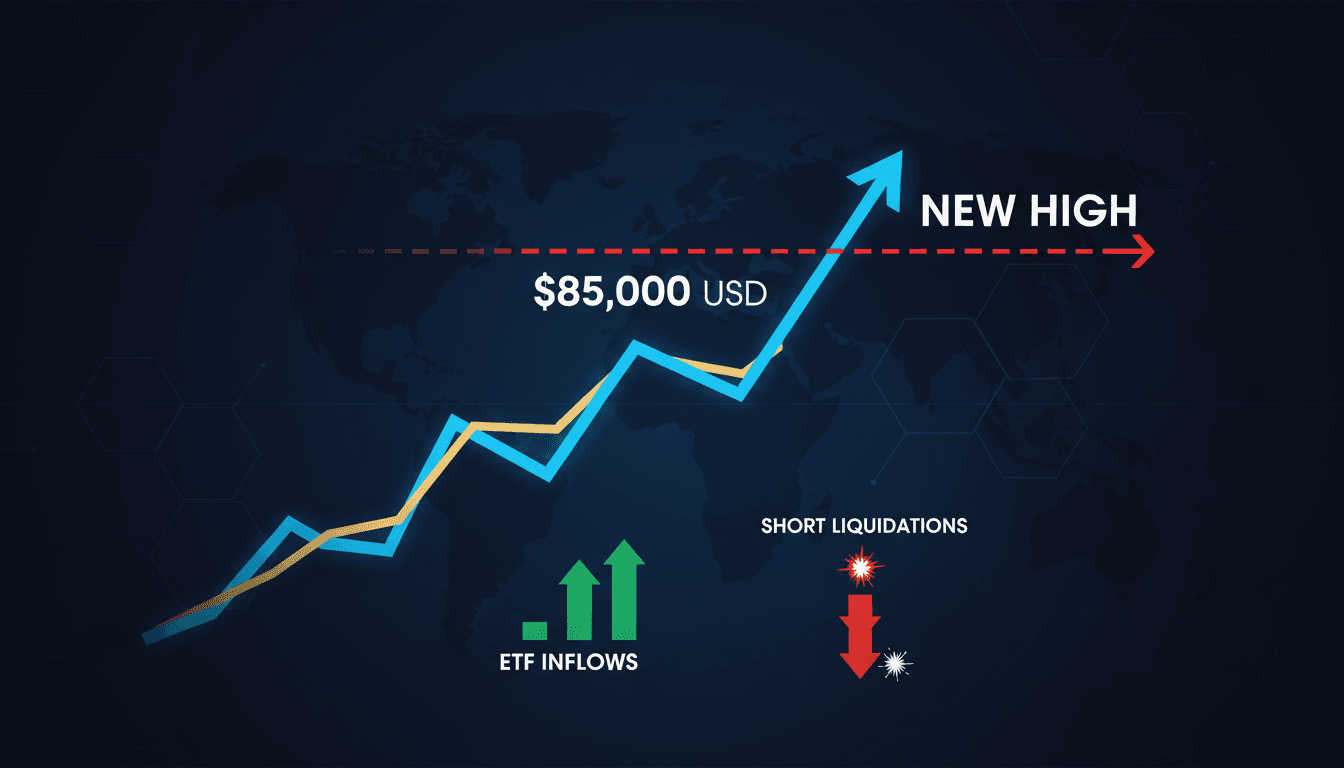 A graph illustrating Bitcoin's price surge above $85,000, highlighting key market movements and trends.