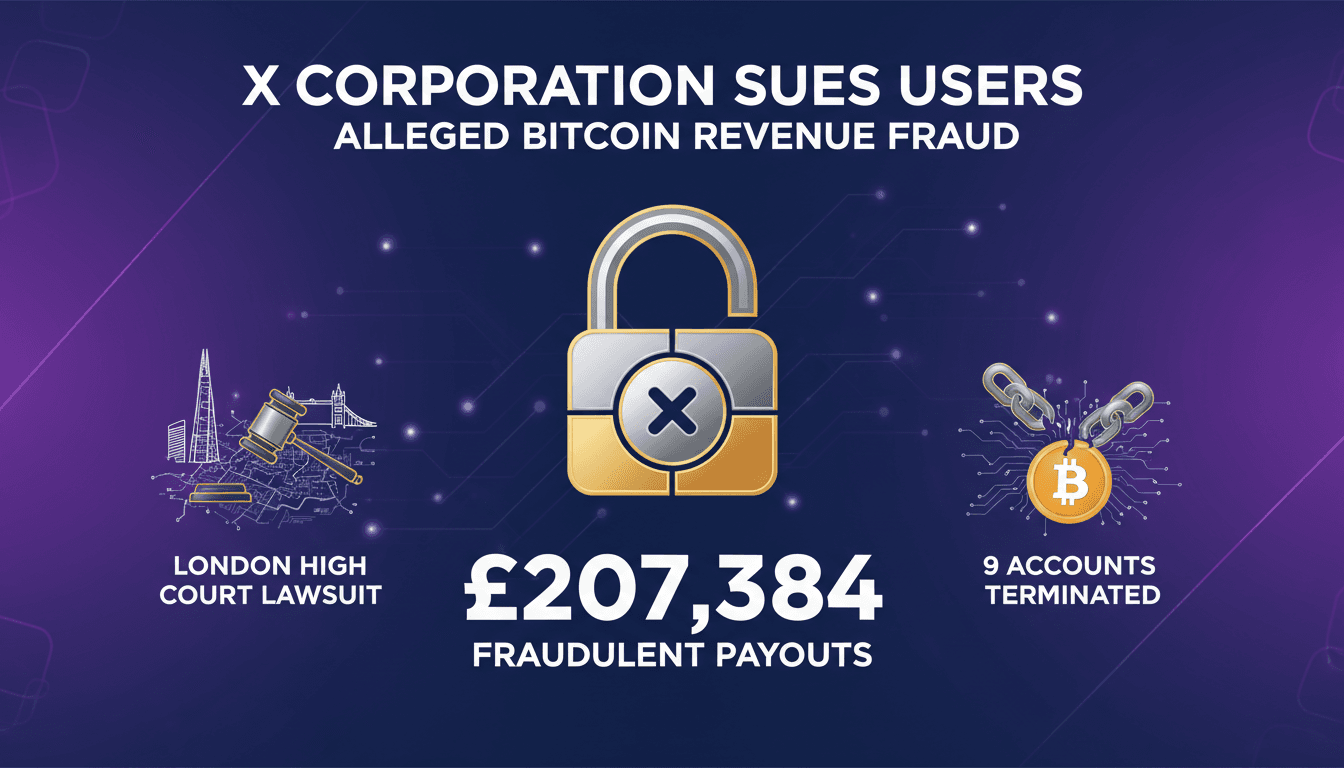Infographic detailing X Corporation's lawsuit against users for Bitcoin revenue fraud, highlighting £207,384 in fraudulent payouts.