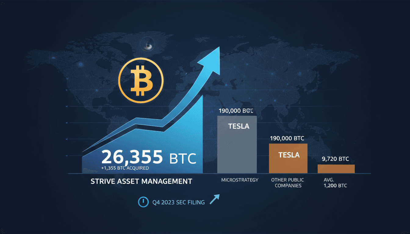 Infographic showing Strive Asset Management's Bitcoin treasury growth and market position among competitors.