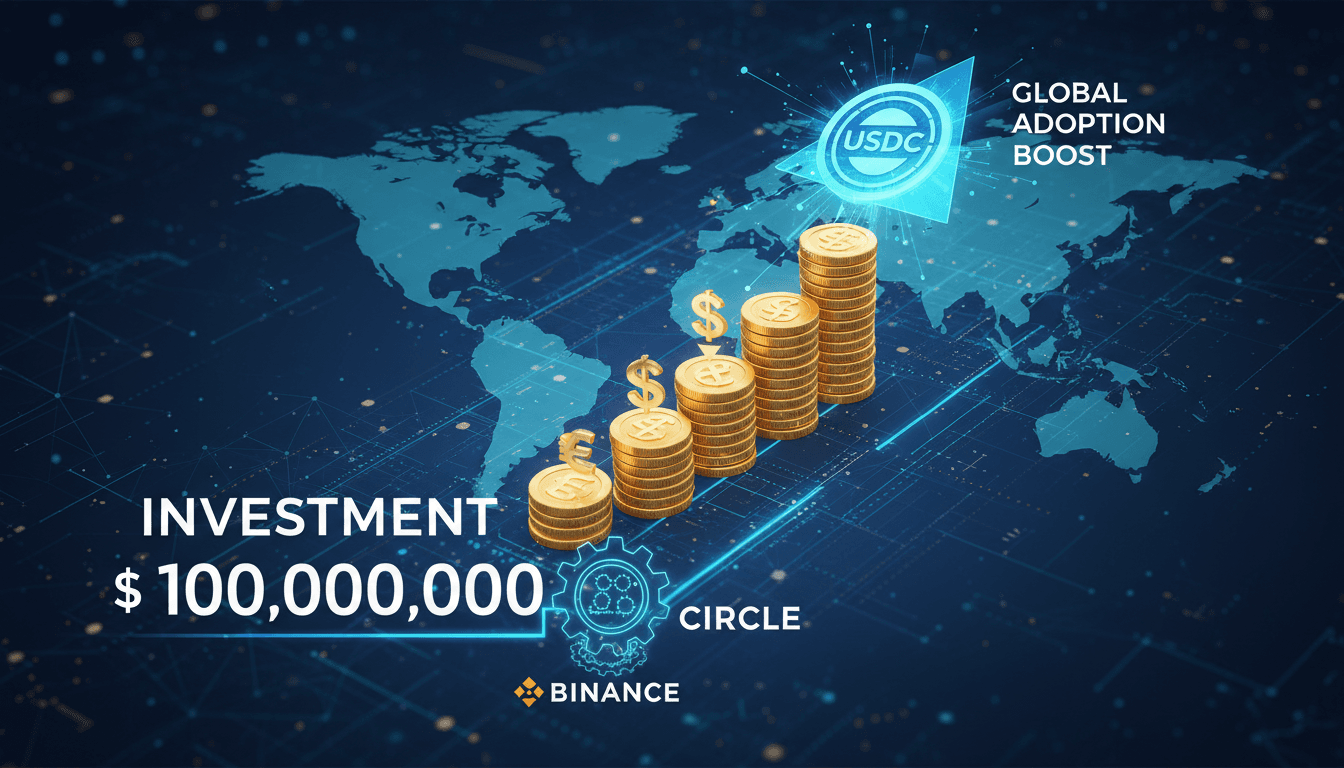 A graphic illustrating Binance's $100 million investment in Circle and its impact on USDC adoption.