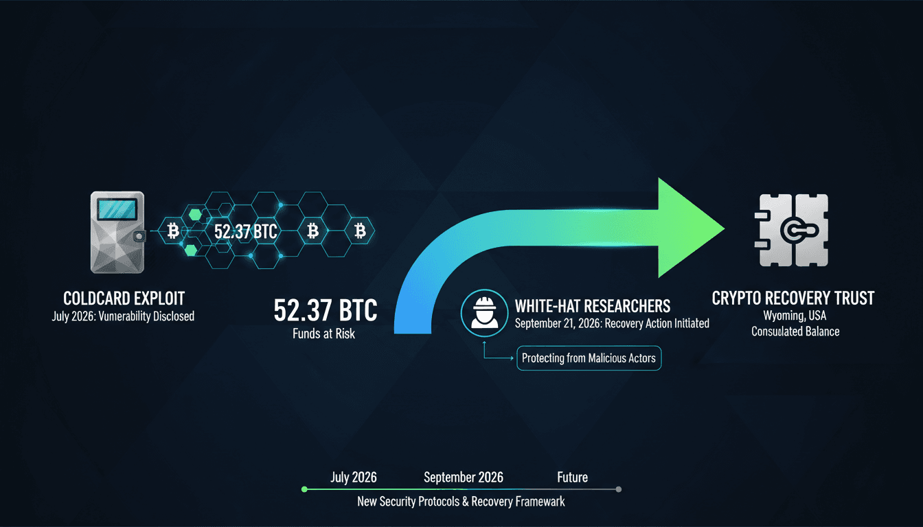 Infographic showing the flow of 52.37 BTC from Coldcard exploit to Crypto Recovery Trust, emphasizing security measures in cryptocurrency.