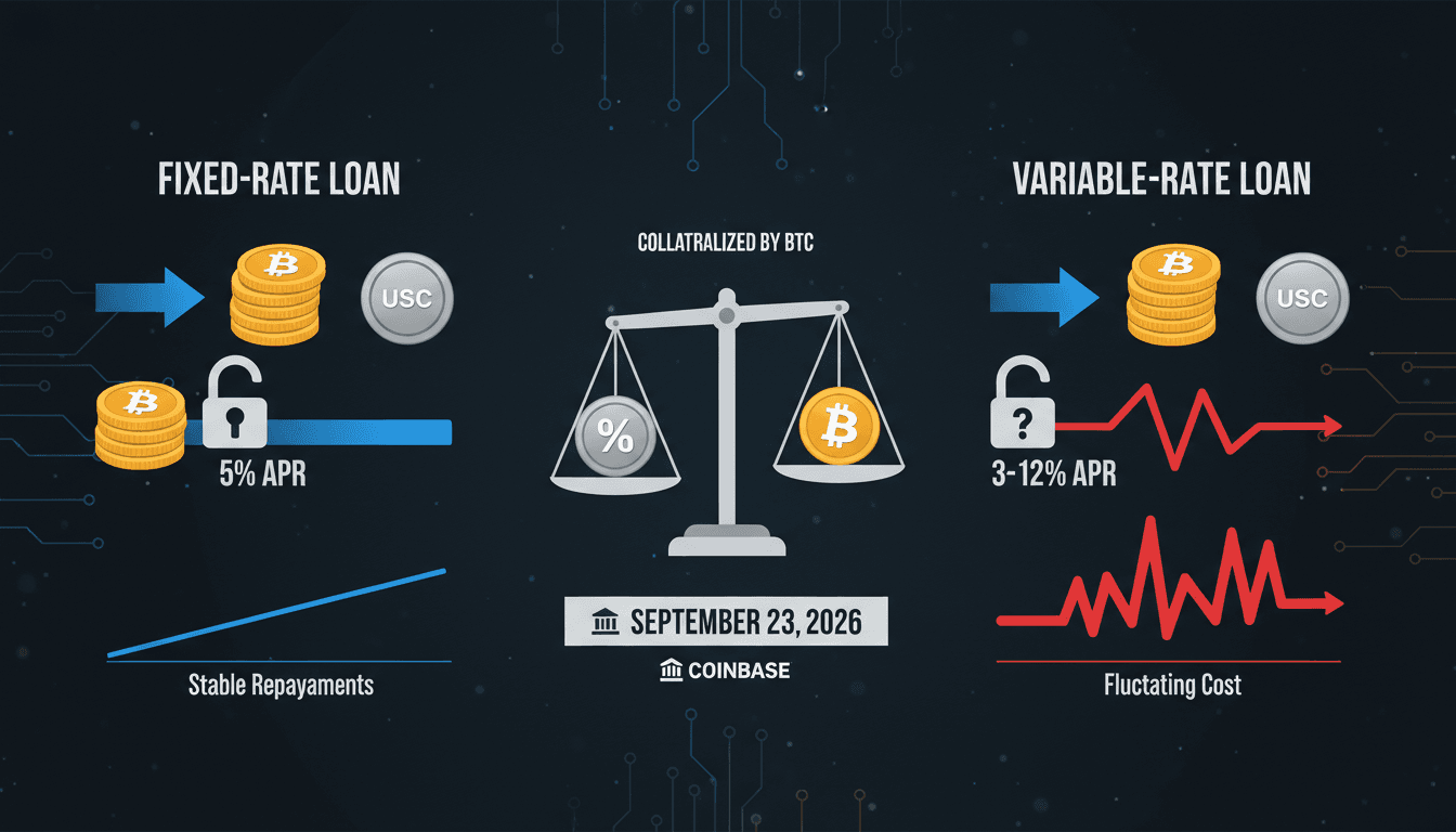 Infographic showing the mechanics of Coinbase's fixed-rate bitcoin-backed USDC loans.