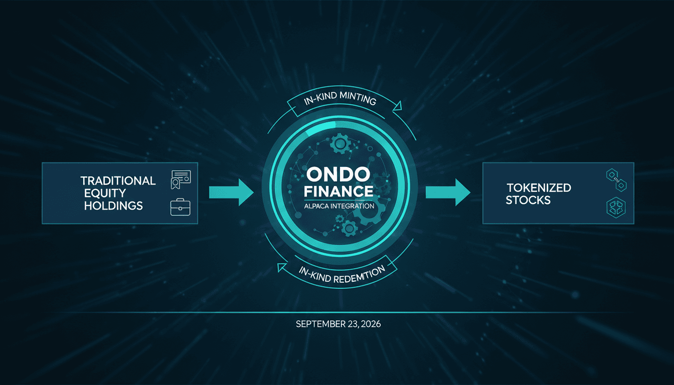 Infographic showing the process of in-kind minting for tokenized stocks through Ondo Finance and Alpaca.