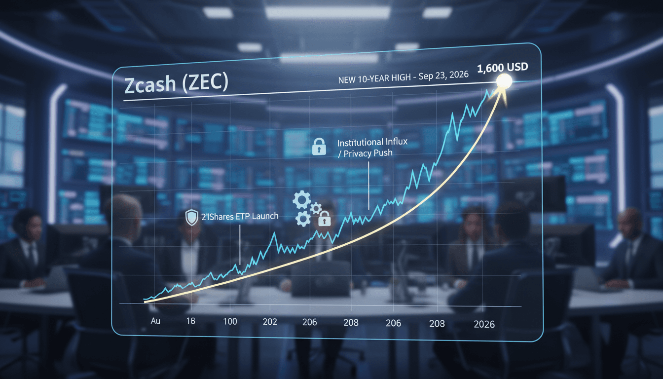 A chart showing Zcash's price rise to $1,600, emphasizing its privacy features and institutional interest.