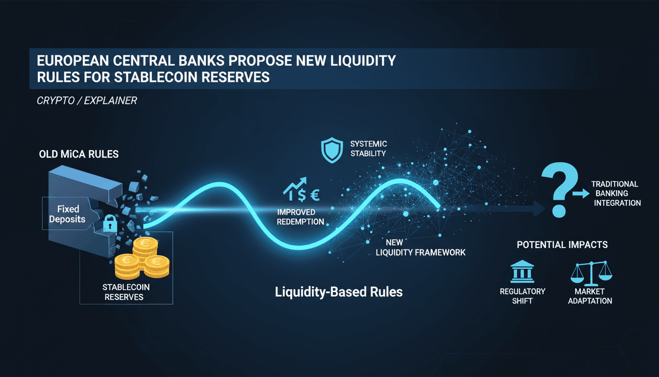 Infographic showing the proposed changes to stablecoin reserve rules by European Central Banks and their implications.