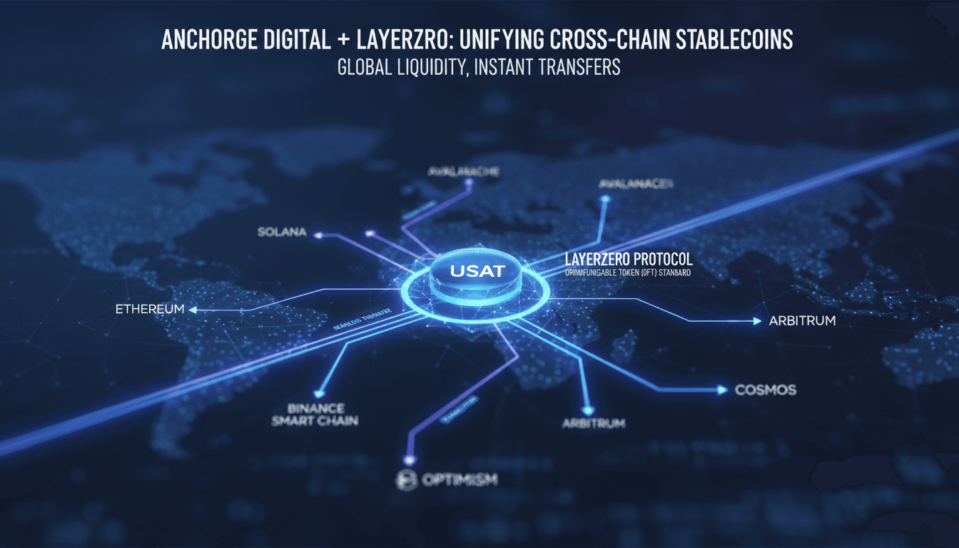 Infographic showing USAT stablecoin flow across blockchain networks enabled by LayerZero's interoperability standard.