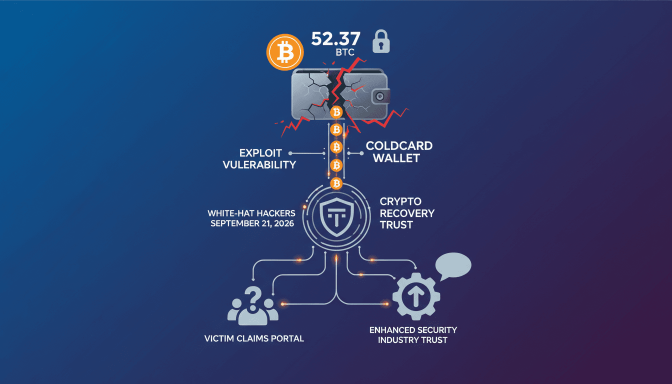 Infographic showing the recovery of 52.37 BTC from Coldcard exploit by white-hat hackers and its impact on victims.