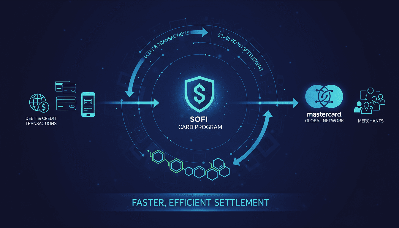 Infographic showing transaction flow from SoFi cardholders to merchants using stablecoin settlement.