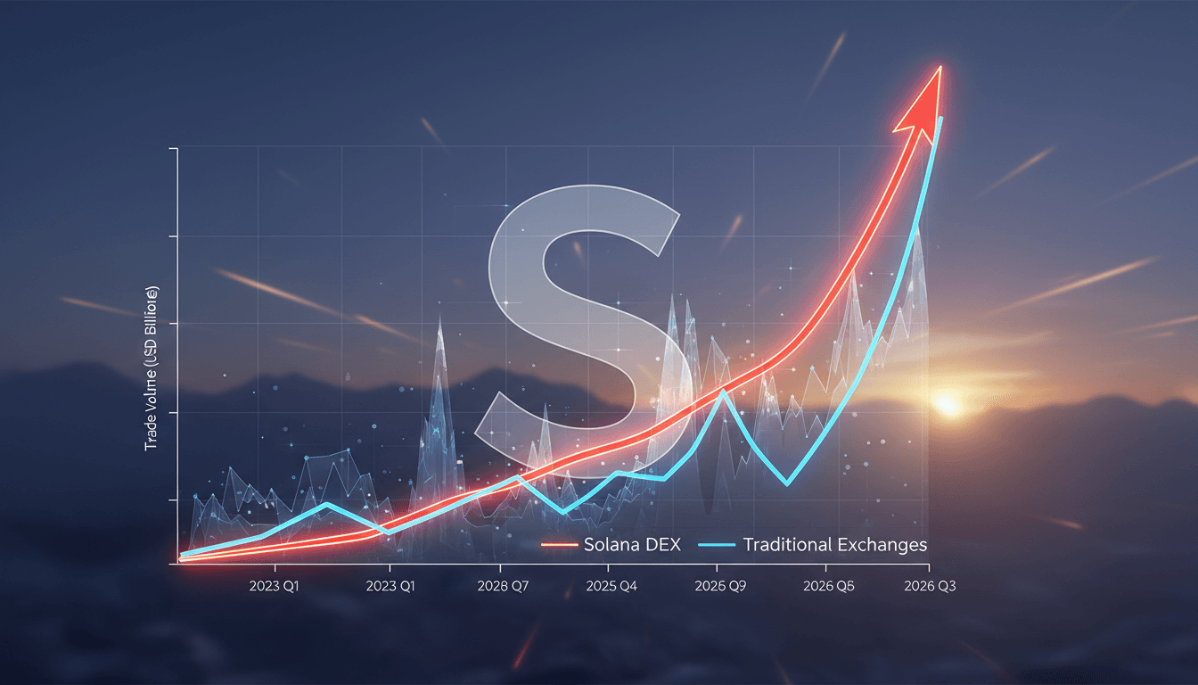 A visual representation of Solana's Alpenglow upgrade and its effects on transaction speeds and trading volumes.