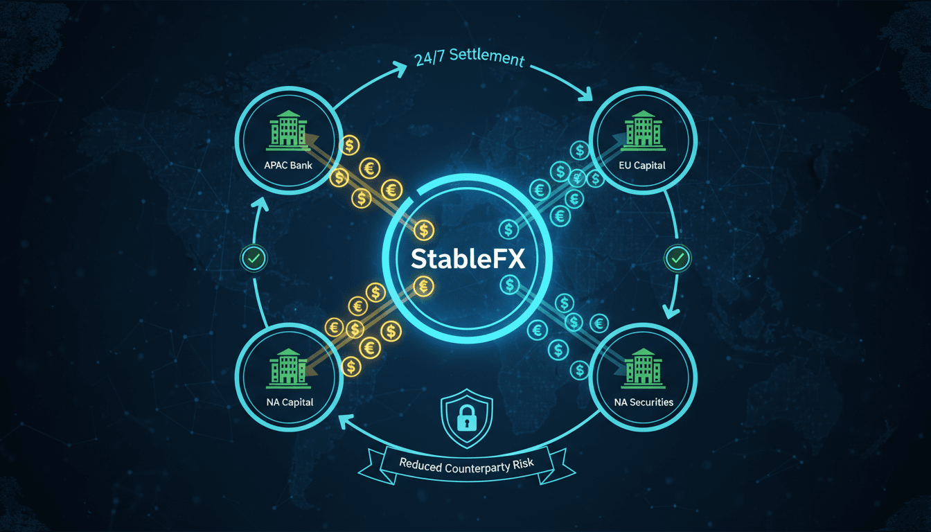 Infographic showing Circle's StableFX transaction flow and benefits for 24/7 FX settlement.