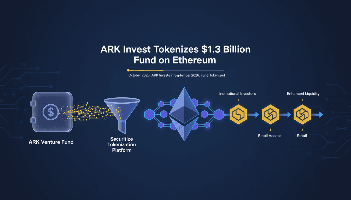 Infographic showing ARK Invest's $1.3 billion venture fund tokenization process on Ethereum.
