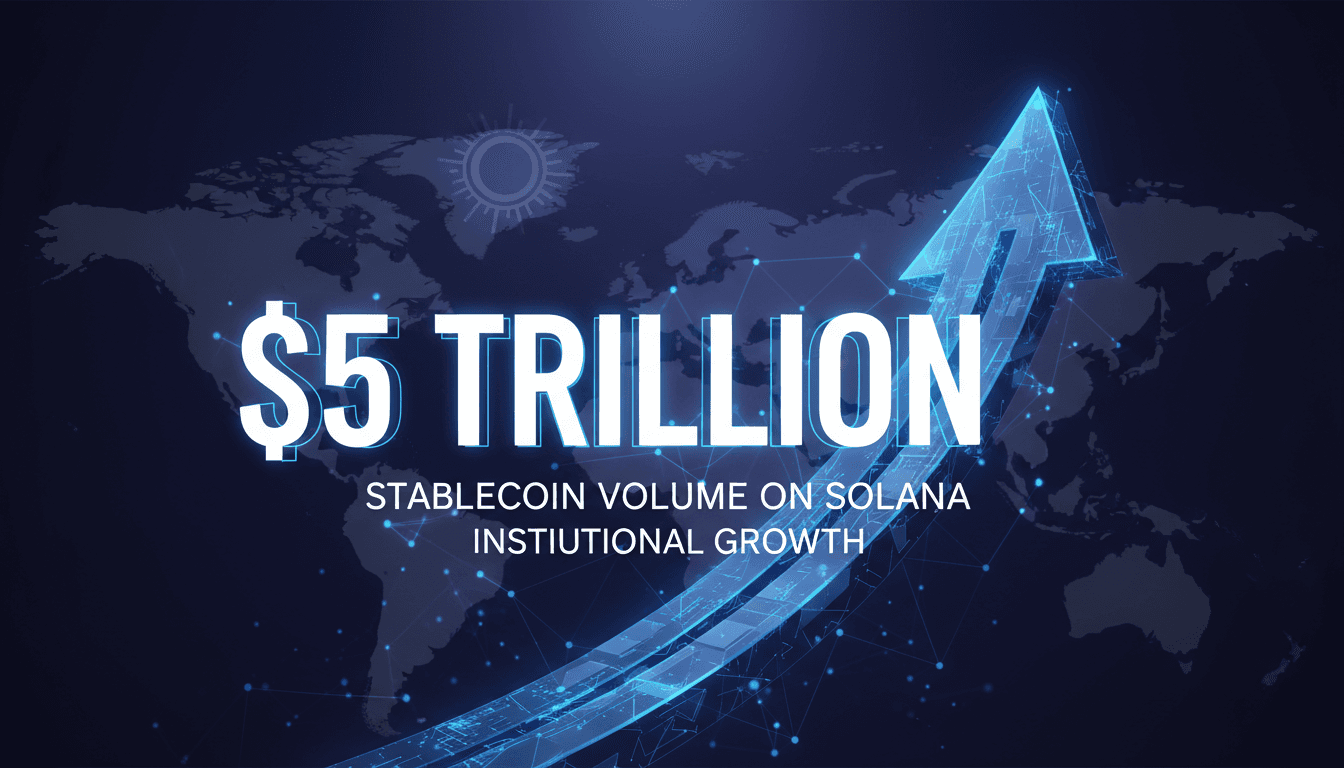 A graphic illustrating Solana's $5 trillion stablecoin volume processed, emphasizing its institutional focus.
