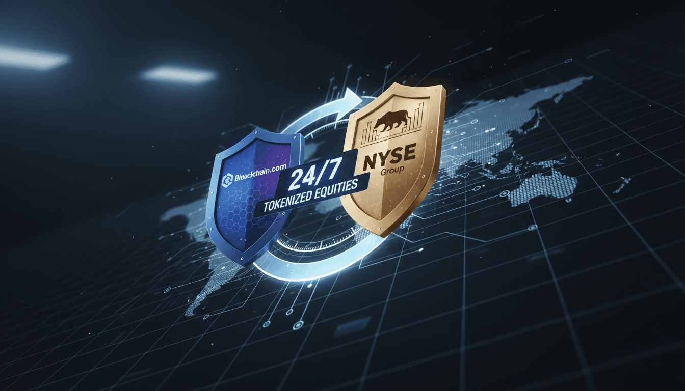 Graphic illustrating Blockchain.com and NYSE partnership for tokenized equity access.
