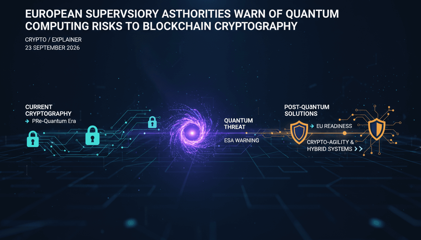 A visual representation of quantum computing risks to blockchain security, highlighting potential vulnerabilities and timelines for transition.