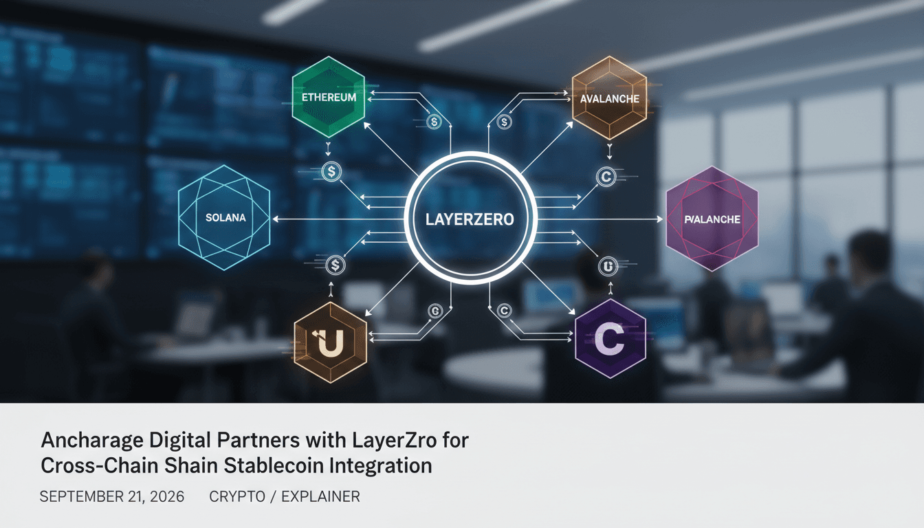 Infographic showing Anchorage Digital's partnership with LayerZero for stablecoin interoperability across multiple blockchain networks.