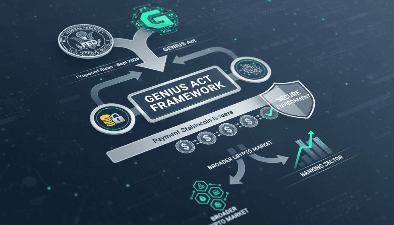 Infographic showing the impact of the Federal Reserve's GENIUS Act stablecoin rules on the financial market.